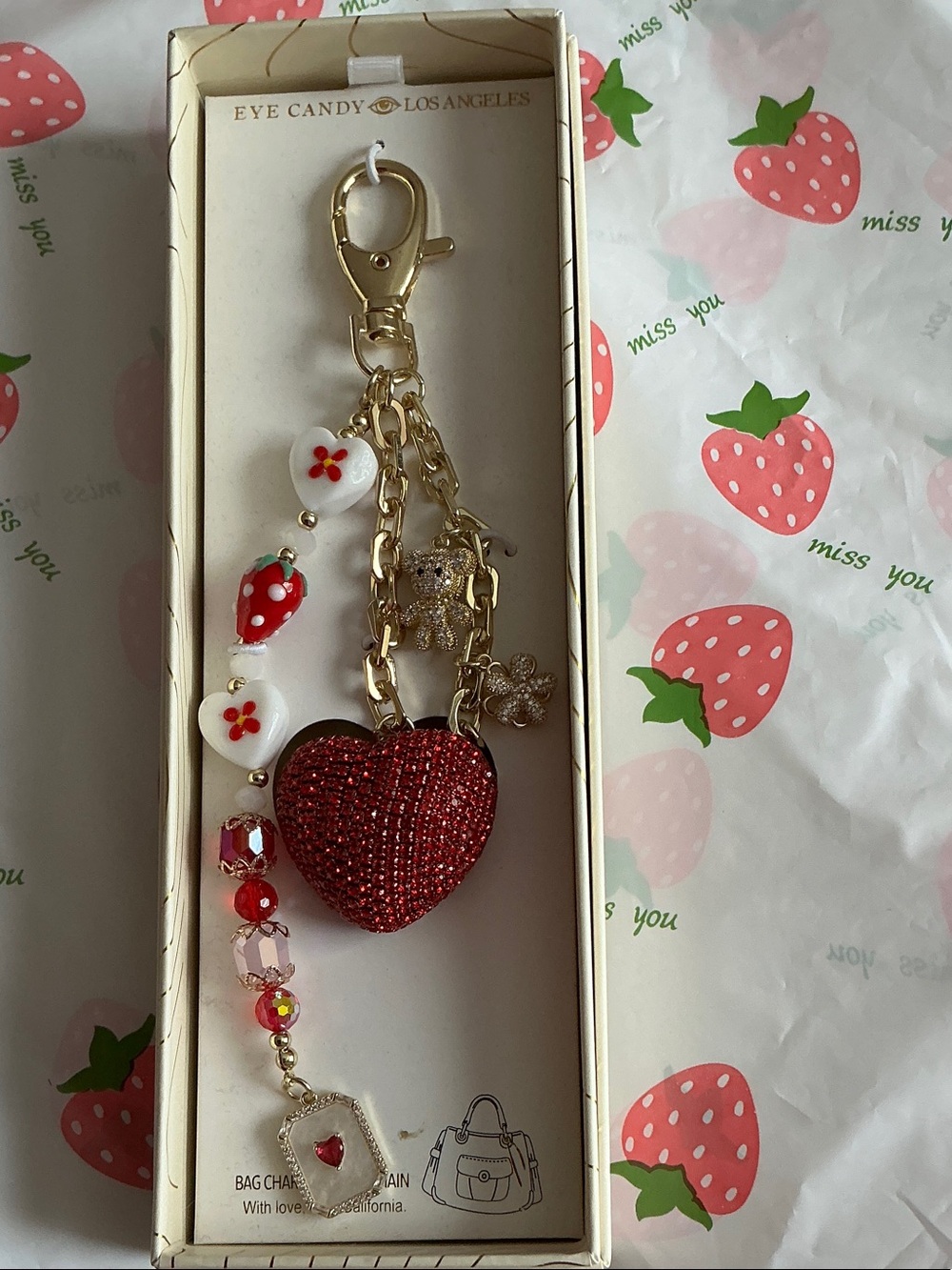 eye candy Red Beaded Heart & Charm Keychain